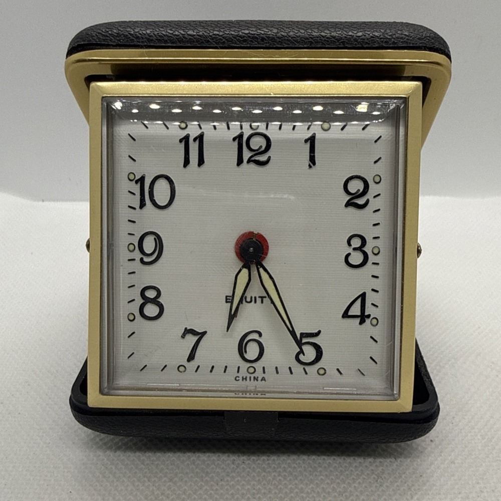 Vintage 1970s Equity Wind-Up Folding Travel Alarm Clock Glow Dial Case Works!